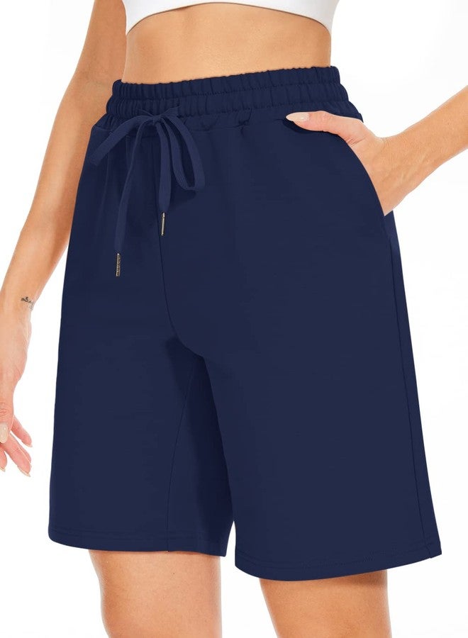 TARSE Women's Bermuda Shorts Plus Size Long Cotton Drawstring Loose with Pockets Knee Length Shorts Yoga Casual Walking Exercise Shorts(Navy,XL) - Image 1
